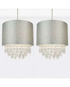 Set of 2 Sparkle Grey Faux Silk Jewelled Easy Fit Light Shades