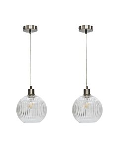 Set of 2 Betchley - Clear Ribbed Glass Globe with Satin Nickel Pendant Fittings