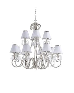 Interiors 1900 - Oksana - 63517 - Nickel Clear Crystal Glass White Pleated 12 Light Chandelier