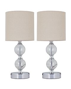 Set of 2 Chrome Two Ball Table Lamps with Natural Linen Shades