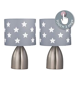 Set of 2 Valentina - Brushed Chrome Touch Lamps with Dark Grey & White Stars Shades