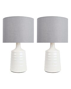 Set of 2 Ripple - Off White Ribbed Ceramic Table Lamps with Grey Fabric Shades