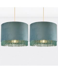 Set of 2 Teal Velvet With Chrome Inner Tassled Light Shades