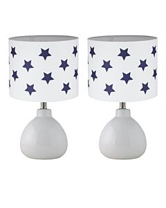 Set of 2 Tuscan - White Ceramic Lamps with White & Blue Stars Shade