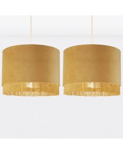 Set of 2 Sand Velvet With Chrome Inner Tassled Light Shades