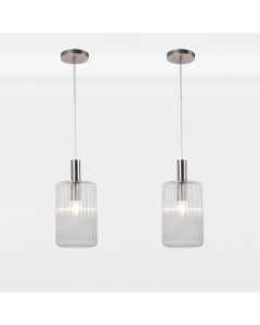 Set of 2 Clear and Brushed Chrome Fluted Glass Design Pendant Fittings