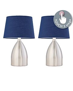 Set of 2 Valentina - Brushed Chrome Touch Lamps with Navy Blue Cotton Shades