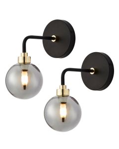 Set of 2 Matt Black and Smoked Glass Wall Lights