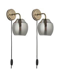 Set of 2 Vara - Antique Brass and Smokey Glass Plug In Wall Lights