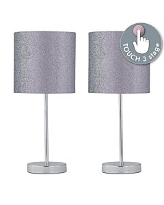 Set of 2 Chrome Touch Operated Table Lamp with Silver Glitter Shades