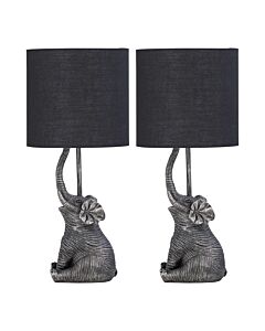 Set of 2 Elephant - Black Resin Table Lamps With Black Fabric Shades