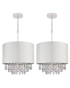 Set of 2 300mm Cream Faux Silk Ceiling Adjustable Flush Shade with Chrome Inner and Clear Droplets