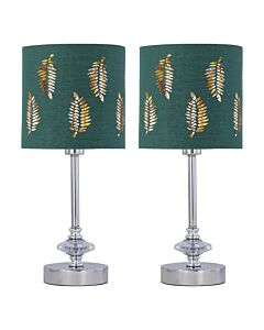 Set of 2 Chrome Jewelled Table Lamps with Dark Green Fern Shades