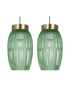 Set of 2 Facet - Antique Brass with Green Faceted Glass Pendant Shades