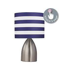 Valentina - Brushed Chrome Touch Lamp with White & Blue Striped Shade