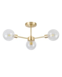 Toner - Satin Brass with Clear Glass Globes 3 Light Flush Ceiling Light