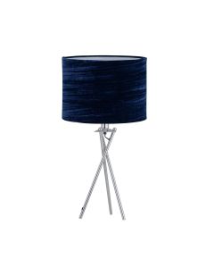 Chrome Tripod Table Lamp with Navy Blue Crushed Velvet Shade