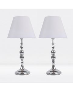 Set of 2 Chrome Plated Bedside Table Light with Candle Column White Fabric Shade