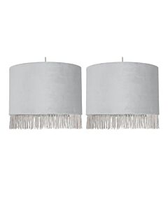 Set of 2 Fringed - Silvery Grey 23cm Fringed Velvet Pendant Shades