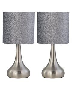 Set of 2 Romana - Brushed Chrome Touch Operated Table Lamps Bedside Lights Glitter Shade