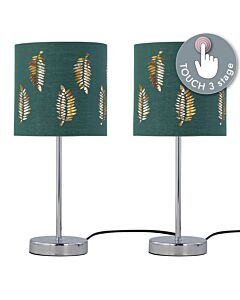 Set of 2 Chrome Touch Operated Table Lamps with Dark Green Fern Shades