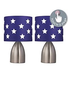 Set of 2 Valentina - Brushed Chrome Touch Lamps with Blue & White Stars Shades