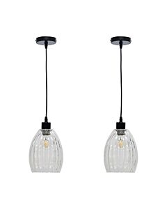 Set of 2 Birch - Clear Fluted Glass with Black Pendant Fittings