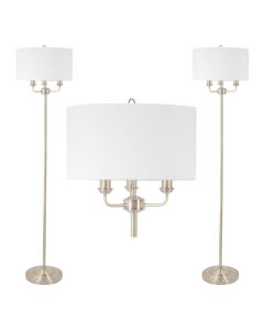 Pair of 3 Light Antique Brass Floor Standard Light with Light Cream Fabric Shade