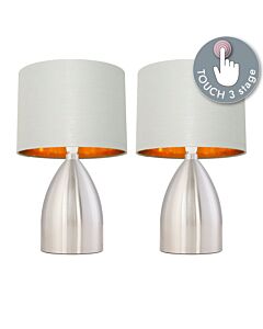 Set of 2 Valentina - Brushed Chrome Touch Lamps with Light Grey Cotton Shades