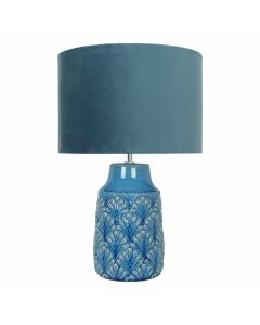 Peacock Glazed Ceramic Lamp with Teal Velour Shade