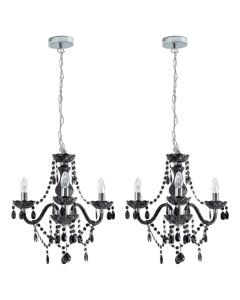 Set of 2 Marie Therese - Black and Chrome with Acrylic Jewels 3 Arm Chandeliers