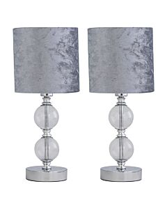 Set of 2 Chrome Two Ball Table Lamp with Grey Crushed Velvet Shades