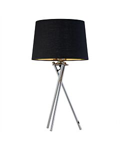 Tripod - Chrome Lamp with Black & Gold Fabric Shade