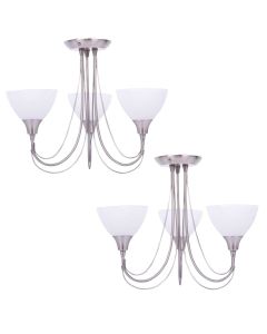 Pair of Brushed Chrome & Opal Glass 3 Light Semi Flushes