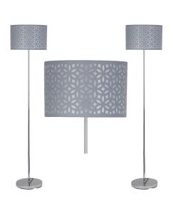 Set of 2 Chrome Stick Floor Lamps with Grey Laser Cut Shades
