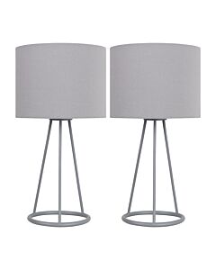 Set of 2 Tripod - Silver Tripod Table Lamps with Ring Detail and Grey Fabric Shades