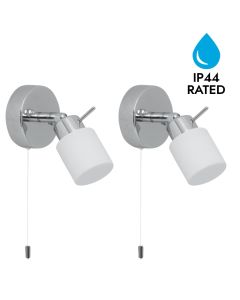 Set of 2 Iona - Chrome Opal Glass IP44 Pull Cord Bathroom Wall Spotlights