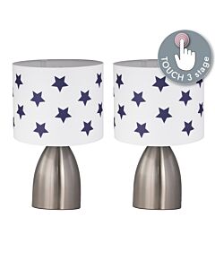 Set of 2 Valentina - Brushed Chrome Touch Lamps with White & Blue Stars Shades