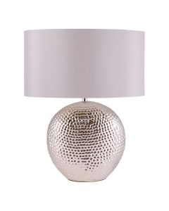 Dimpled Textured Oval Chrome Plated Ceramic Bedside Table Light Base with Grey Faux Silk Oval Fabric Shade