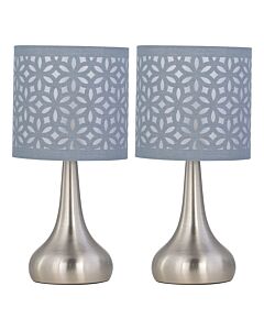 Set of 2 Romana - Brushed Chrome Touch Operated Table Lamps Bedside Lights Grey Laser Cut Shade