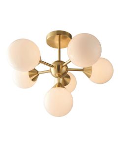 Endon Lighting - Oscar - 76501 - Satin Brass White Glass 6 Light Flush Ceiling Light