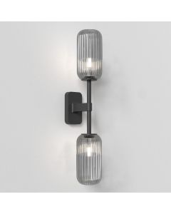 Astro Lighting - Tacoma Twin 1429005 & 5036010 - IP44 Matt Black Wall Light with Smoked Ribbed Reed Glass Shades