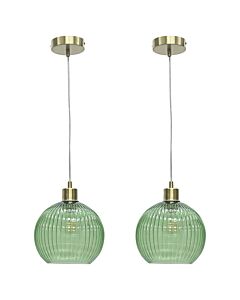 Set of 2 Betchley - Green Ribbed Glass Globe with Satin Brass Pendant Fittings
