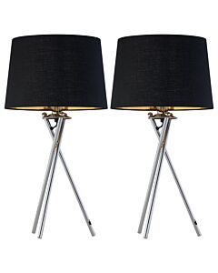 Set of 2 Tripod - Chrome Lamps with Black & Gold Fabric Shade