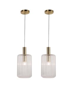 Set of 2 Fluted Glass Design Pendant Fitting Finished with Clear Glass and Bronze Effect Colour