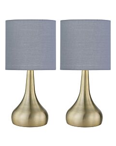 Set of 2 Romana - Antique Brass Touch Table Lamps Grey Cotton Shade