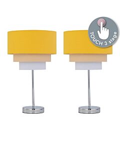 Set of 2 Chrome Touch Operated Table Lamps with Tiered Ochre Linen Shades