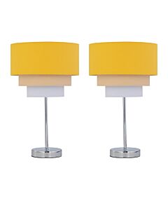 Set of 2 Chrome Stick Table Lamps with Tiered Ochre Linen Shades