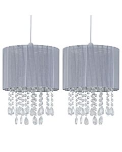 Set of 2 Voile - 25cm Jewelled Grey Ribbon Pendant Shades