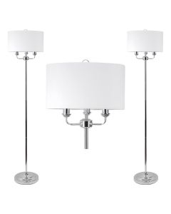 Pair of 3 Light Chrome Floor Standard Light with Light Cream Fabric Shade